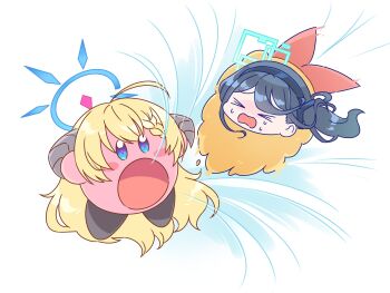 &gt;_&lt; 2girls ahoge akari_(blue_archive) aris_(blue_archive) black_hair black_hairband blue_archive blue_halo commentary crossover demon_horns green_halo grey_horns hairband halo highres horns kaoling kirby kirby_(series) long_hair multiple_girls nintendo one_side_up open_mouth pink_hair simple_background symbol-only_commentary white_background