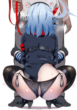 1boy 1girl absurdres ako_(blue_archive) animal_collar aroused ass black_footwear black_gloves black_jacket black_panties black_thighhighs blue_archive blue_hair blue_halo clothes_lift collar dark_skin deep_skin gloves grabbing_another&#039;s_legs grey_pants halo heart high_heels highres holding holding_leash implied_fellatio jacket kokihanada leash legs_apart long_hair long_sleeves open_crotch panties pants pussy_juice pussy_juice_trail side-tie_panties simple_background spoken_heart squatting steam sweat thick_thighs thighhighs thighs underwear white_background