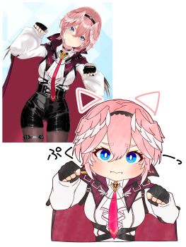 Rule 34 | 1girl, animal ears, black gloves, black shorts, blue eyes, breasts, bright pupils, cat ears, closed mouth, commentary request, deformed, double-parted bangs, drawn ears, fingerless gloves, gloves, hair between eyes, hands up, head wings, high-waist shorts, highres, hololive, large breasts, long sleeves, looking at viewer, paw pose, pink hair, reference inset, ringo 21 a, shirt, short hair, shorts, simple background, takane lui, takane lui (1st costume), virtual youtuber, white background, white pupils, white shirt, wings