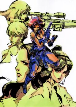 Rule 34 | 5girls, absurdres, aiming, bare shoulders, breasts, cigarette, cleavage, desert eagle, earrings, gun, h&amp;k psg1, handgun, headphones, highres, holding, holding gun, holding weapon, jewelry, mei ling, meryl silverburgh, metal gear (series), metal gear solid, mouth hold, multiple girls, naomi hunter, nastasha romanenko, official art, rifle, scan, shinkawa youji, short hair, simple background, sniper rifle, sniper wolf, stud earrings, weapon, white background