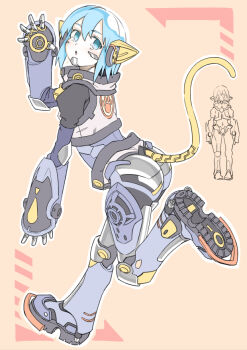 1girl android animal_ears ass blue_eyes cat_ears cat_girl cat_tail commentary_request full_body multiple_views okuribi original science_fiction short_hair tail waving