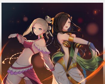 2girls aoui black_hair blonde_hair blue_eyes commentary dancing english_commentary hair_ribbon highres light_blush light_smile long_hair medium_o&#039;connell multiple_girls natsuki_subaru natsumi_schwarz re:zero_kara_hajimeru_isekai_seikatsu ribbon