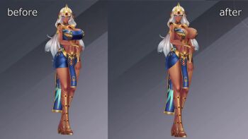 1girl 3d action_taimanin alternate_costume animated areola_slip arm_up ass bare_shoulders blue_dress blush breasts choker cleavage collarbone comparison cowboy_shot dark-skinned_female dark_elf dark_skin dress egyptian_necklace eleonor_(taimanin) elf highleg highres huge_ass huge_breasts jewelry large_areolae looking_at_viewer multiple_views navel official_alternate_costume pointy_ears smile stomach tagme taimanin_(series) taimanin_rpgx thong tiara usekh_collar video white_hair