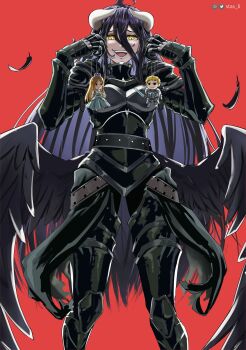 Rule 34 | 1boy, 2girls, absurdres, albedo (overlord), armor, black armor, black hair, climb (overlord), demon girl, demon horns, demon wings, feathered wings, full armor, hermes trismegistus (overlord), highres, horns, long hair, multiple girls, overlord (maruyama), renner theiere chardelon ryle vaiself, stas li, very long hair, wings, yellow eyes