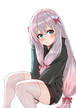 1girl :t absurdres artist_name backlighting between_legs black_shorts blue_eyes blunt_bangs blush bow closed_mouth commentary dated embarrassed eromanga_sensei eyes_visible_through_hair feet_out_of_frame furrowed_brow green_jacket hair_between_eyes hair_bow hand_between_legs highres izumi_sagiri jacket long_hair looking_at_viewer low-tied_long_hair pout red_bow shangdi_de_fa_zhang shorts sidelocks simple_background sitting solo thighhighs thighs v_arms very_long_hair white_background white_thighhighs zettai_ryouiki zipper