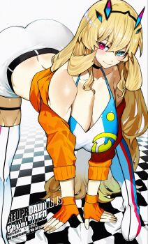 1girl all_fours ass bare_shoulders barghest_(fate) bent_over blonde_hair blue_sports_bra blush breasts choker cleavage commentary_request fate/grand_order fate_(series) fingerless_gloves gloves green_eyes heterochromia highres horns huge_breasts jacket kabosoi_mangaka long_hair long_sleeves looking_at_viewer off_shoulder orange_gloves orange_jacket red_eyes shorts smile solo sports_bra thick_thighs thighhighs thighs white_shorts white_sports_bra white_thighhighs