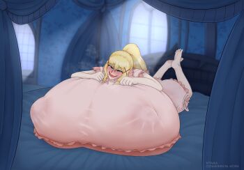 1girl barefoot blonde_hair blue_eyes blush breasts covered_erect_nipples darkness_(konosuba) female_focus full_body gigantic_breasts highres hitama impossibly_large_breasts kono_subarashii_sekai_ni_shukufuku_wo! long_hair lying nightgown on_bed on_stomach ponytail solo steaming_body