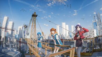 3girls absurdres against_railing aircraft airplane ankle_socks arm_rest ayanami_rei black_dress black_shoes black_socks blue_eyes blue_hair blue_skirt blue_sky botttomtext brown_eyes building can canned_coffee city cityscape commentary_request crane_(machine) cross cross_necklace day dress drink_can eva_01 fighter_jet hand_in_own_hair hand_up highres holding holding_can interface_headset_(evangelion) jacket jewelry katsuragi_misato long_hair looking_at_viewer mecha military_vehicle multiple_girls neck_ribbon necklace neon_genesis_evangelion orange_hair outdoors parted_lips pixiv_id purple_hair railing red_hair red_jacket ribbon robot scenery school_uniform shoes short_hair skirt sky skyscraper socks souryuu_asuka_langley suspender_skirt suspenders tokyo-3_middle_school_uniform white_shoes white_socks