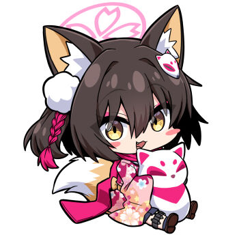 1girl animal_ear_fluff animal_ears blue_archive brown_hair chibi commentary_request eyeshadow fang fox_ears fox_girl fox_hair_ornament fox_tail fukamiki_kei halo highres izuna_(blue_archive) looking_at_viewer makeup open_mouth pink_eyeshadow pink_halo pink_scarf scarf short_hair sitting solo tail yellow_eyes