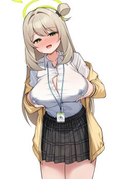 Rule 34 | 1girl, absurdres, black skirt, blonde hair, blue archive, blush, breast lift, breasts, grabbing own breast, green eyes, green halo, hair bun, halo, highres, lactation, lactation through clothes, large breasts, long hair, looking at viewer, miniskirt, nonomi (blue archive), nose blush, open mouth, plaid clothes, plaid skirt, pleated skirt, shirt, skirt, solo, very long hair, white shirt, ziro (zirorong)
