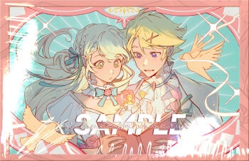 1boy 1girl :o ascot asymmetrical_bangs bird blonde_hair blue_bow blue_ribbon blush book border bow braid choker commentary_request dove flower frilled_choker frills green_eyes hair_ornament hair_ribbon hairpin highres holding holding_book long_hair open_book open_mouth original parted_bangs pink_border pink_flower pink_rose purple_eyes ribbon rose sample_watermark short_sleeves surprised upper_body watermark white_ascot white_hair white_ribbon yagao_chaoren