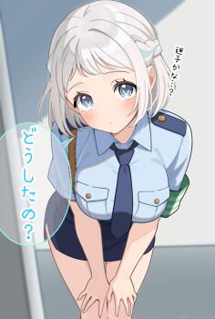 1girl blue_eyes blue_necktie blue_shirt blue_skirt blush braid breasts collared_shirt commentary_request daito_(daitooekakiaka) gakuen_idolmaster grey_hair hair_ribbon half_up_braid hands_on_own_knees highres idolmaster katsuragi_lilja large_breasts looking_at_viewer miniskirt necktie pencil_skirt police police_uniform policewoman ribbon ribbon_braid shirt short_hair short_sleeves skirt solo speech_bubble translation_request