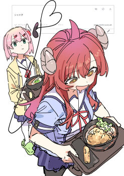 +_+ 2girls absurdres blue_skirt chiyoda_momo closed_mouth demon_tail drooling green_eyes haruyuki_(gffewuoutgblubh) heart heart_tail highres holding long_hair machikado_mazoku multiple_girls open_mouth pink_hair red_hair school_uniform short_hair simple_background skirt smile tail translation_request white_background yoshida_yuuko