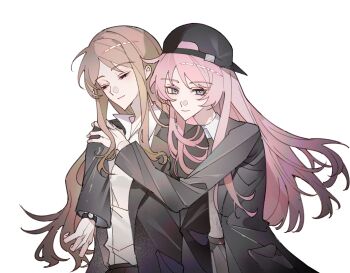 Rule 34 | 2girls, alternate costume, artist request, backwards hat, bang dream!, bang dream! it's mygo!!!!!, baseball cap, black jacket, blue eyes, brown hair, chihaya anon, closed eyes, closed mouth, collared shirt, commentary, commission, english commentary, hat, highres, hug, jacket, long hair, long sleeves, looking at viewer, multiple girls, nagasaki soyo, pink hair, second-party source, shirt, sidelocks, simple background, watch, white background, white shirt, wristwatch