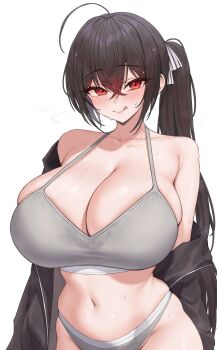1girl azur_lane black_hair black_jacket breasts cleavage commentary grey_panties grey_sports_bra hair_between_eyes highres huge_breasts jacket kuavera long_hair long_sleeves looking_at_viewer open_clothes open_jacket panties ponytail red_eyes solo sports_bra sports_panties symbol-only_commentary taihou_(azur_lane) tongue tongue_out underwear very_long_hair