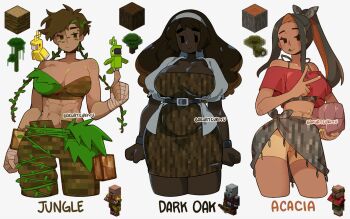 Rule 34 | 3girls, abs, acacia log (minecraft), animal, animal on shoulder, bakuatsukiyu, bandaged hand, bandages, bandeau, bare shoulders, belt, bird, bird on hand, bird on shoulder, black hair, breasts, brown bandeau, brown hair, cardigan, cleavage, cocoa bean, colored inner hair, colored tongue, commentary, crop top, dark-skinned female, dark oak log (minecraft), dark skin, dress, english commentary, english text, fluffy hair, green bandeau, green bird, green tongue, hair vines, hairband, high ponytail, highres, holding, inward v, jungle log (minecraft), leaf in hair, long hair, looking at viewer, midriff, minecraft, multicolored hair, multiple girls, navel, no sclera, object and personification, off-shoulder shirt, off shoulder, orange hair, parrot, parrot (minecraft), personification, pillager (minecraft), plant, ponytail, puffy sleeves, red shirt, reference inset, shirt, short hair, shorts, side-tie skirt, simple background, sleeveless, smile, solid eyes, strapless, strapless dress, thumbs up, toned, toned female, tongue, tongue out, two-tone hair, unmoving pattern, v, very dark skin, villager (minecraft), vine on leg, vines, white background, white cardigan, white hairband, yellow bird, yellow nails