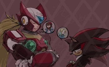 2boys armor black_fur blonde_hair body_fur brown_background chest_jewel closed_eyes commentary_request crossed_arms forehead_jewel helmet iris_(mega_man) long_hair male_focus maria_robotnik mega_man_(series) mega_man_x4 mega_man_x_(series) multicolored_fur multiple_boys red_armor red_fur red_helmet rikepoppo shadow_the_hedgehog sonic_(series) speech_bubble spoken_character trait_connection upper_body white_fur zero_(mega_man)