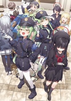 6+girls absurdres aoba_(blue_archive) armband belt beret black_belt black_gloves black_hair black_hat black_serafuku black_shoes black_shorts black_skirt black_socks blue_archive blue_armband buttons demon_tail double-breasted faceless faceless_female fang full_body gehenna_student_(blue_archive) gloves green_hair green_halo halo hand_on_own_hip hat highres hikari_(blue_archive) holding holding_ticket indoors justice_task_force_member_(blue_archive) long_hair long_sleeves looking_at_viewer millennium_science_school_student_(blue_archive) millennium_science_school_student_b_(blue_archive) model_train multiple_girls neckerchief nozomi_(blue_archive) pantyhose pointy_ears red_halo red_neckerchief salute school_uniform serafuku shoes shorts skin_fang skirt smile socks standing tail ticket trinity_student_(blue_archive) twintails walking whistle white_gloves white_pantyhose yellow_eyes yukie_(kusaka_shi)
