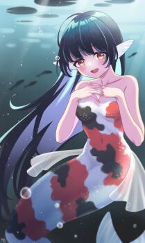 1girl ahoge air_bubble bare_shoulders black_hair black_scales blue_background blush body_fins breasts bubble collarbone commentary_request covered_navel fantasy fins fish hand_on_own_chest head_fins highres light_rays lily_pad long_hair looking_at_viewer medium_breasts mermaid monster_girl nekoyanagi_reo open_mouth orange_scales original red_eyes scales sidelocks signature smile solo teeth underwater upper_teeth_only webbed_hands white_scales