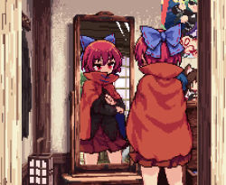 3girls animated black_shirt blue_bow blue_eyes blue_hair blue_sky bow cape character_doll choujuu_gigaku closed_mouth cloud crossed_arms day disembodied_head doll female_pov fins hair_bow head_fins holding holding_unworn_clothes imaizumi_kagerou indoors isu_(is88) kasodani_kyouko looking_at_mirror lowres miniskirt mirror multiple_girls pixel_art pov red_cape red_eyes red_hair red_skirt reflection sekibanki sekibanki_day shirt short_hair skirt sky smile standing sun thighs touhou ugoira undressing video wakasagihime