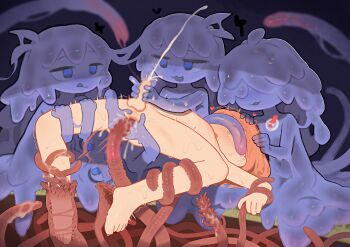 ! 1boy 3girls absurdres anal anal_fingering anus barefoot bkbbkbkk blue_eyes censored chaos_(yui_yuu) commentary completely_nude cum ejaculation english_commentary fingering handjob highres huge_filesize kodomo_doushi licking_foot loli male_penetrated monster_girl mosaic_censoring multiple_girls nude orange_hair original penis short_hair shota slime_girl small_penis spread_anus spread_legs tentacle_sex tentacles toes