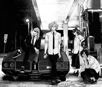 1girl 3boys car collared_shirt command_spell daybit_sem_void fate/grand_order fate_(series) full_body gas_station greyscale high_heels highres izcalli_(fate) lamppost leaning_on_object license_plate long_hair long_sleeves looking_at_viewer monochrome motor_vehicle multiple_boys necktie night ponytail road_sign scar_on_head shirt shoes short_hair short_sleeves sign sitting sitting_on_object skirt sleeves_rolled_up smoking sneakers squatting standing sunglasses tenochtitlan_(fate) tezcatlipoca_(fate) wakkamaji white_shirt