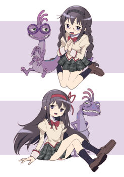 1boy 1girl absurdres akemi_homura black_hair black_socks bow bowtie braid brown_shoes glasses grey_skirt highres ikuchi_osutega long_hair long_sleeves looking_at_viewer mahou_shoujo_madoka_magica miniskirt monsters_inc. multiple_views plaid_clothes plaid_skirt randall_boggs red_bow red_bowtie school_uniform shoes sitting skirt socks twin_braids
