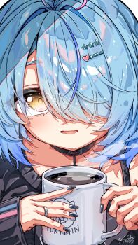 1girl absurdres ahoge black_nails black_sweater blue_eyes blue_streaks coffee_mug commentary_request cup hair_over_one_eye heart heart_ahoge highres holding holding_cup hololive jewelry looking_at_viewer mug multicolored_hair nail_polish official_alternate_costume open_mouth pink_streaks ring smile solo streaked_hair sweater u_da_desu virtual_youtuber yukihana_lamy yukihana_lamy_(cyber)