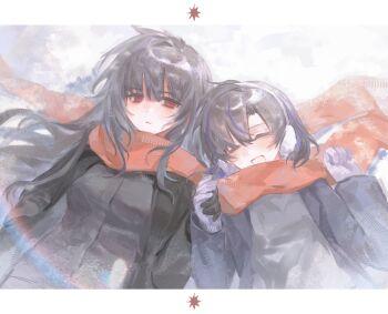 Rule 34 | 2girls, :d, ^ ^, araya (project moon), black gloves, black hair, black jacket, black shirt, blue jacket, blue streaks, closed eyes, commentary, earmuffs, gloves, highres, holding hands, jacket, limbus company, long hair, long sleeves, mother and daughter, multicolored hair, multiple girls, mushinooo11, open mouth, project moon, purple gloves, red eyes, red scarf, ryoshu (project moon), scarf, shared clothes, shared scarf, shirt, short hair, sidelocks, smile, snow, streaked hair, untranslatable commentary, winter clothes