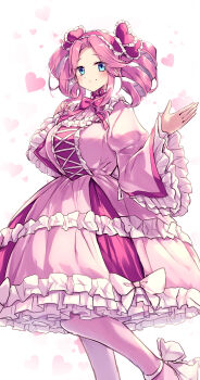Rule 34 | 1girl, absurdres, blue eyes, bow, bowtie, breasts, center frills, closed mouth, cross-laced clothes, cross-laced top, dress, drill hair, frilled dress, frilled hairband, frilled sleeves, frills, hair ornament, hairband, heart, heart background, heart hair ornament, highres, kanzakietc, large breasts, looking at viewer, medium hair, neck ribbon, pantyhose, parted bangs, pink bow, pink bowtie, pink dress, pink hair, pink hairband, pink pantyhose, puffy sleeves, ribbon, shikoku metan, smile, solo, twin drills, utau, voicevox, white background, white bow, wide sleeves