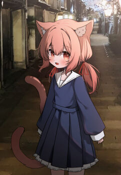 1girl :d animal_ear_fluff animal_ears arms_at_sides blue_shirt blue_skirt brown_hair cat_ears cat_girl cat_tail collared_shirt fang frilled_skirt frills hair_ribbon highres long_hair long_sleeves looking_at_viewer low_twintails moepu. multiple_tails open_mouth original outdoors photo_background pleated_skirt puffy_long_sleeves puffy_sleeves red_eyes red_ribbon ribbon shirt skin_fang skirt smile solo tail twintails two_tails