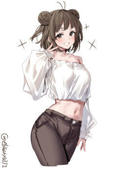 Rule 34 | 1girl, alternate costume, artist name, blush, breasts, brown eyes, brown hair, brown pants, commentary request, crop top, cropped legs, cropped shirt, double bun, ebifurya, fingernails, hair bun, hair intakes, highres, kantai collection, long sleeves, looking at viewer, medium breasts, midriff, naka (kancolle), navel, off-shoulder shirt, off shoulder, one-hour drawing challenge, pants, puffy long sleeves, puffy sleeves, shirt, simple background, smile, solo, twitter username, v, white background, white shirt