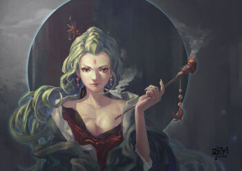 1girl absurdres bare_shoulders breasts cleavage earrings female_focus green_hair highres holding holding_smoking_pipe hung_wan_yu jewelry lips long_hair looking_at_viewer red_eyes siddham smoke smoking_pipe solo