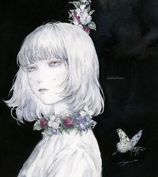 1girl black_background bug butterfly colored_skin commentary_request crying crying_with_eyes_open dress expressionless flower flower_wreath insect looking_to_the_side noose original painting_(medium) ringo_komachi short_hair solo tears traditional_media watercolor_(medium) white_dress white_eyes white_hair white_skin
