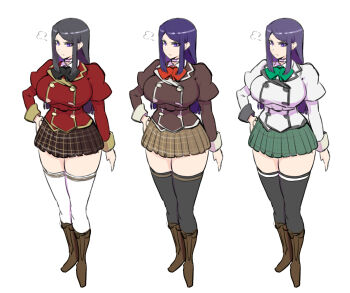 1girl alternate_color alternate_hair_color angry black_bow black_bowtie black_hair boots bow bowtie breasts curvy green_bow green_bowtie highres large_breasts long_hair ookuma_nekosuke palette_swap parted_bangs purple_eyes purple_hair red_bow red_bowtie school_uniform skirt thick_thighs thighhighs thighs wide_hips