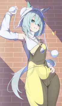 1girl absurdres animal_ears bare_shoulders blue_eyes breasts brick_wall bug butterfly chain_ma commentary_request detached_sleeves ear_covers ears_through_headwear flower grey_hair hair_between_eyes hair_flower hair_ornament hairclip hand_on_own_hip hat highres horse_ears horse_girl horse_tail insect looking_at_viewer overalls pants pom_pom_(clothes) seiun_sky_(umamusume) shirt short_hair single_ear_cover sleeveless sleeveless_shirt small_breasts smile solo sunflower sunflower_hair_ornament tail umamusume white_shirt yellow_overalls yellow_pants