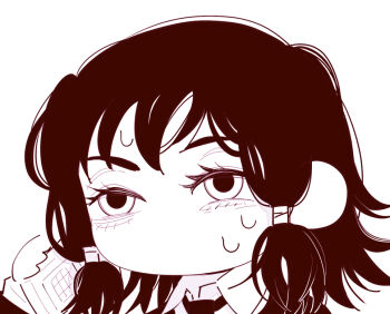 1girl chainsaw_man chibi chibi_only collared_shirt deer60868637 low-tied_sidelocks mifune_fumiko monochrome necktie no_mouth shirt sidelocks solo sweat talking_on_phone