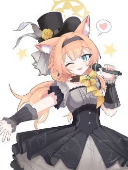 Rule 34 | 1girl, absurdres, animal ear fluff, animal ears, black hairband, black hat, black headband, black overskirt, blue archive, blue eyes, breasts, cat ears, cat girl, dress, earrings, flower, grey dress, grey feathers, hairband, halo, hat, hat flower, headband, heart, highres, holding, holding microphone, idol, idol clothes, jewelry, long hair, looking at viewer, low twintails, mari (blue archive), mari (idol) (blue archive), microphone, mini hat, mini top hat, official alternate costume, one eye closed, open mouth, orange hair, rose, small breasts, smile, solo, speech bubble, spoken heart, star (symbol), top hat, twintails, user prdj5754, wrist wrap, yellow flower, yellow halo, yellow rose