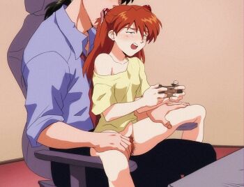 Rule 34 | 1boy, 1girl, age difference, amondetauro, blue shirt, chair, hetero, highres, kaji ryouji, licking, neon genesis evangelion, orange hair, orange pubic hair, pubic hair, shirt, souryuu asuka langley, spread legs, tongue, tongue out