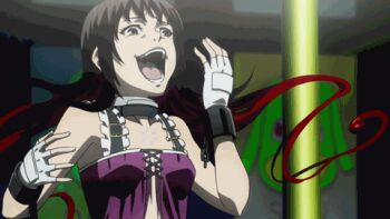 animated animated_gif black_eyes black_hair collar crazy deadman_wonderland laughing long_hair lowres piercing takami_minatsuki tongue_piercing