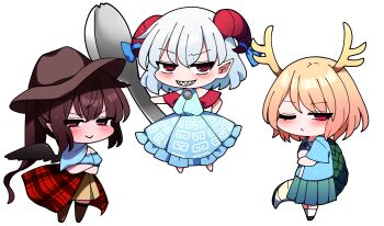 3girls absurdres blue_dress blue_shirt blush boots brown_boots brown_hair brown_hat chibi chibi_only closed_mouth commentary_request dress hat highres horns kicchou_yachie kurokoma_saki long_hair multiple_girls red_eyes red_skirt shirt skirt smile spoon teeth touhou toutetsu_yuuma white_background you_(noanoamoemoe)