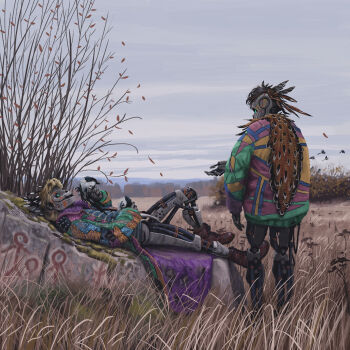 1boy 1girl absurdres bird black_hair blonde_hair boots cloak feathers fur_trim grass highres humanoid_robot jacket leaf magpie multicolored_jacket outdoors patchwork_clothes red_facepaint robot rock science_fiction short_hair simon_stalenhag things_from_the_flood tree