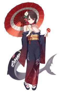 1girl absurdres alternate_costume bare_shoulders black_choker black_hair blue_kimono breasts candy_apple choker cleavage colored_inner_hair commentary_request ellen_joe fins fish_tail floral_print floral_print_kimono flower food full_body hair_flower hair_ornament highres holding holding_candy_apple holding_food holding_umbrella japanese_clothes kimono large_breasts looking_at_viewer multicolored_hair obi obijime off_shoulder oil-paper_umbrella okobo pendant_choker platform_sandals print_kimono red_eyes red_hair red_kimono sandals sash sbgu shark_girl shark_tail short_hair simple_background solo standing tabi tail two-tone_hair two-tone_kimono umbrella umbrella_over_shoulder very_long_tail white_background yellow_sash zenless_zone_zero