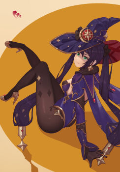 1girl aqua_eyes arm_support black_gloves black_hair black_pantyhose breasts capelet commentary crescent crescent_hat_ornament earrings fur-trimmed_collar fur_trim genshin_impact gloves gold_shoes hair_ornament hat hat_ornament high_heels highres jewelry leotard long_hair low-tied_long_hair mona_(genshin_impact) orange_background pantyhose print_pantyhose purple_capelet purple_hat purple_leotard shadow shoes sitting solo star_(symbol) star_earrings star_print twintails user_waxv5853 very_long_hair witch_hat