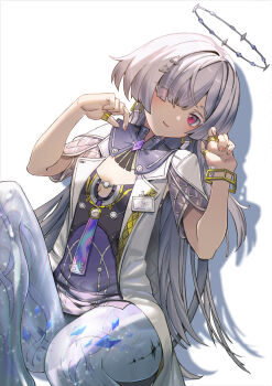 1girl aduo breasts closed_mouth colored_eyelashes commentary dress eyes_visible_through_hair fingernails grey_hair hair_over_one_eye halo hand_up hands_up highres id_card jacket long_hair looking_at_viewer lying mornye_(wuthering_waves) on_back purple_dress red_eyes see-through_body simple_background small_breasts smile solo tacet_mark_(wuthering_waves) white_background white_jacket wuthering_waves