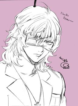 Rule 34 | 1boy, absurdres, badeni, bae (baebae), chi.: chikyuu no undou ni tsuite, closed mouth, commentary request, cross, cross necklace, dated, eyepatch, hair between eyes, highres, jacket, jewelry, korean commentary, looking at viewer, male focus, medical eyepatch, medium hair, necklace, pink background, scar, scar on face, scar on mouth, scar on nose, sketch, solo, suit jacket, turtleneck, upper body