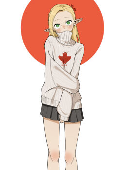 1girl absurdres alternate_costume black_skirt blonde_hair blush bright_pupils commentary contemporary covered_mouth dot_nose dungeon_meshi elf feet_out_of_frame forehead green_eyes grey_sweater hand_on_own_elbow highres long_hair long_sleeves looking_at_viewer marcille_donato miniskirt nose_blush pash-uwu pleated_skirt pointy_ears print_sweater ribbed_sweater skirt solo standing straight-on sweater turtleneck turtleneck_sweater two-tone_background white_pupils