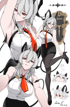 +++ 1girl :q absurdres adapted_costume adjusting_footwear ahoge arm_up ball_hands bare_shoulders black_horns black_pantyhose black_shoes black_skirt black_tail breasts button_gap chest_harness closed_mouth collared_shirt commentary curled_horns dated demon_tail dual_persona earrings giving_up_the_ghost grey_hair hair_between_eyes harness high_heels highres holding holding_pen horns jewelry key_earrings large_breasts leria_v long_hair looking_at_viewer mole mole_on_armpit mole_under_eye multiple_views necktie pantyhose pen red_eyes red_necktie remnant_cube_(wuthering_waves) shield shirt shirt_tucked_in shoes signature simple_background skirt sleeveless sleeveless_shirt tail tongue tongue_out white_background white_shirt wuthering_waves zani_(wuthering_waves)