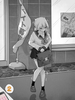 1girl bag closed_eyes commentary_request controller greyscale highres holding holding_bag implied_vibrator kakuremino7928 large_variant_set long_hair miniskirt monochrome original outdoors paid_reward_available pleated_skirt remote_control remote_control_vibrator sailor_collar sailor_shirt school_uniform serafuku sex_toy shirt shoes skirt socks solo standing tearing_up trembling variant_set vibrator wireless_sex_toy_controller