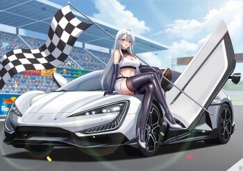 1girl absurdres belt breasts car checkered_flag cleavage cleavage_cutout clothing_cutout cloud crossed_legs day elbow_gloves flag gloves high_heels highleg highleg_panties highres holding holding_flag large_breasts motor_vehicle on_car original panties race_flag race_queen race_vehicle racecar racetrack skirt sports_car thighhighs underwear white_skirt zekong_pioneer